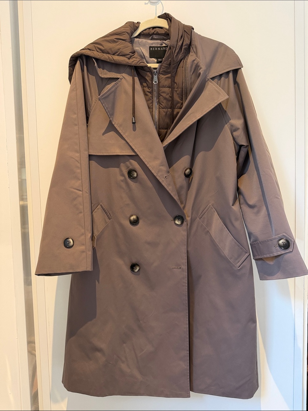 Bernardo Taupe Double-Breasted Trench with Quilted Hooded Liner